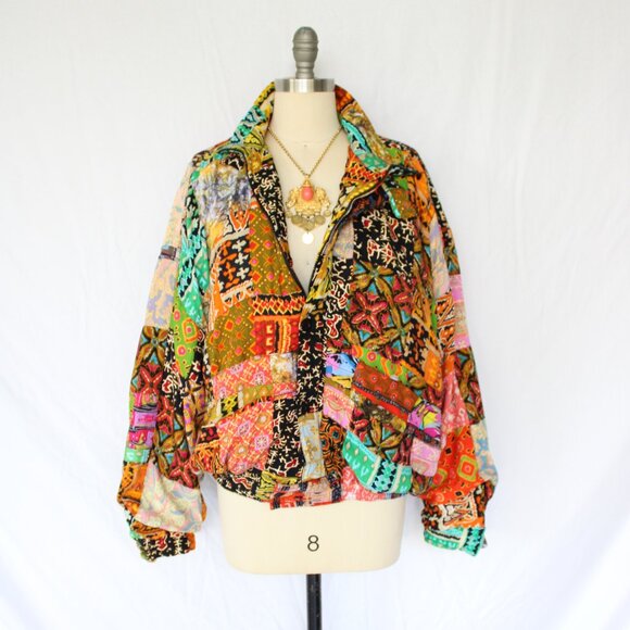 We Be Bop Vintage Patchwork Bomber puffer Jacket patchwork aztec asian ethnic - Picture 2 of 10